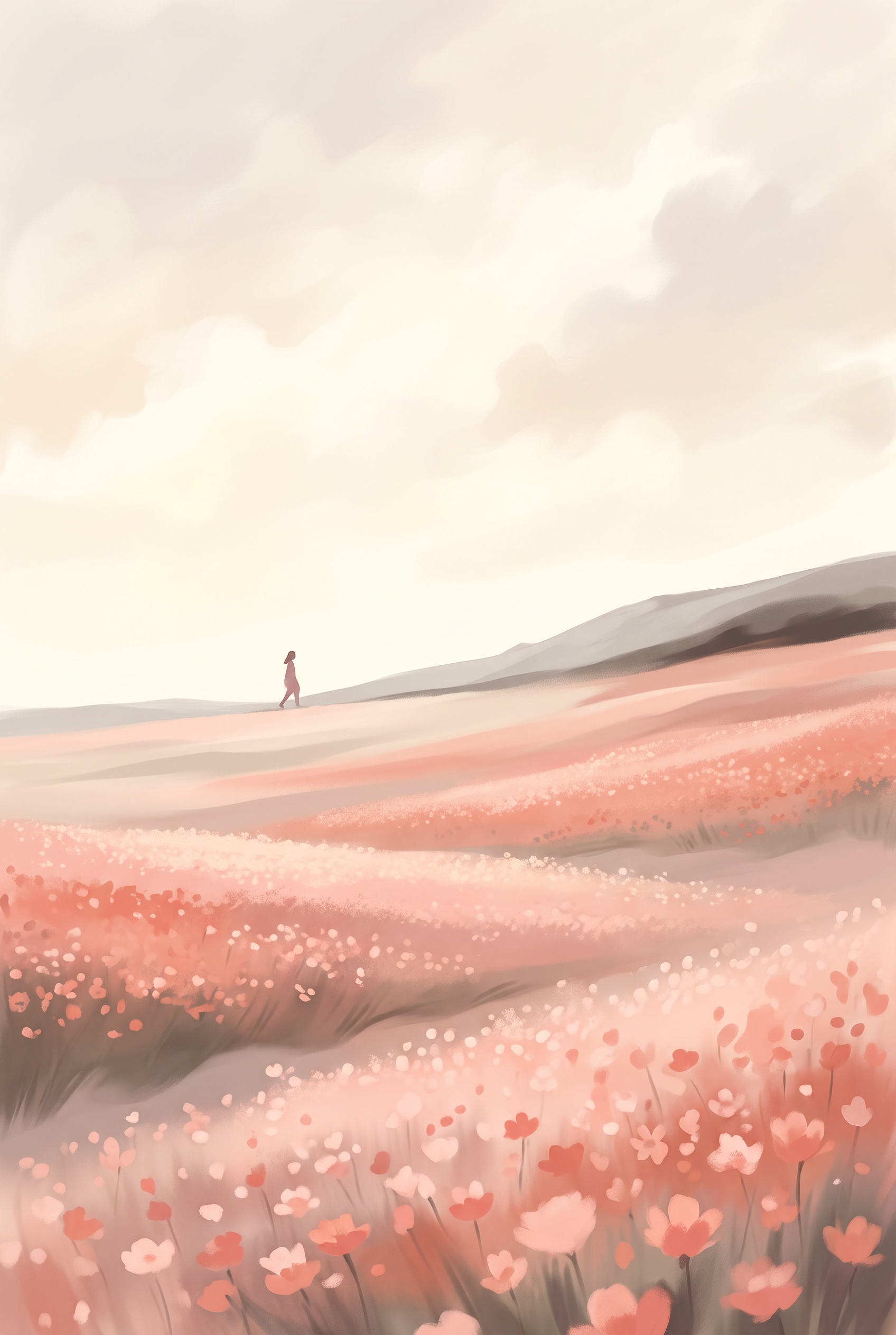 Blossom Field - wandelaar in roze bloemenveld, Wandkraft