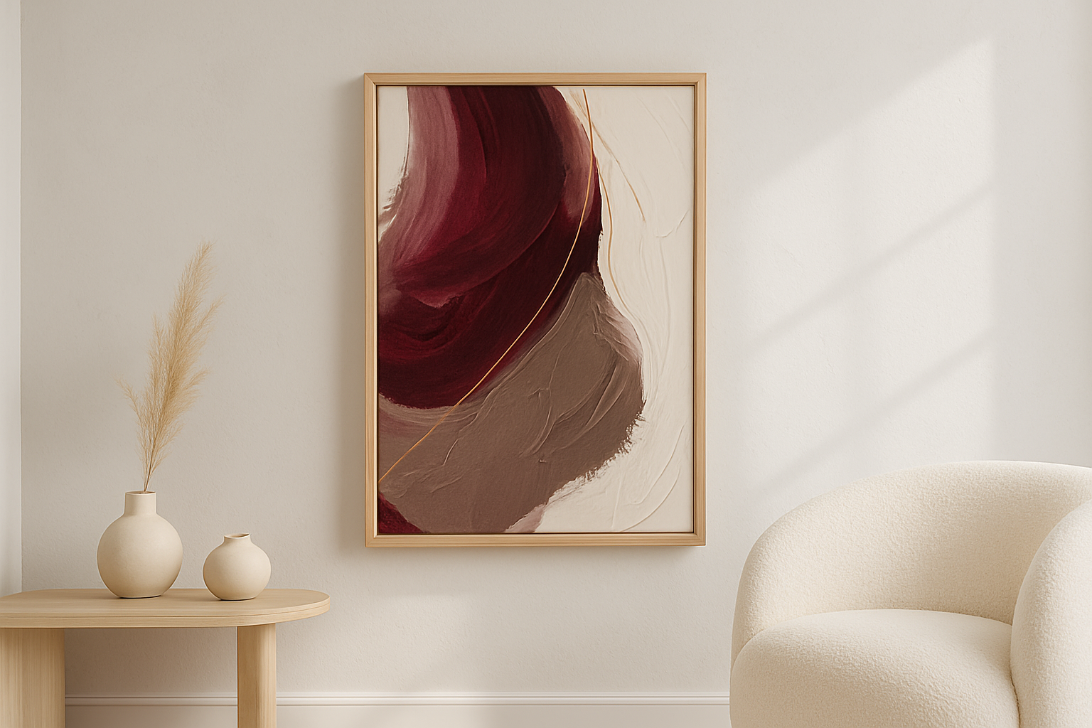 Bronze Horizon van Wandkraft op canvas in blanke baklijst, in een licht Scandinavisch interieur.