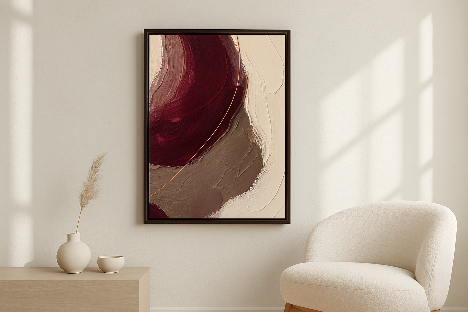 Bronze Horizon van Wandkraft op canvas in wenge baklijst, in een licht Scandinavisch interieur.