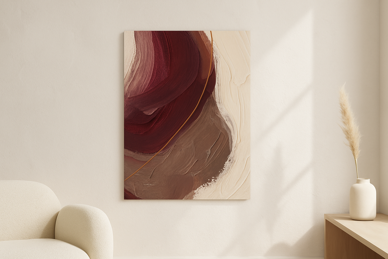Bronze Horizon van Wandkraft op canvas zonder lijst, vlak aan de muur, in een licht Scandinavisch interieur.