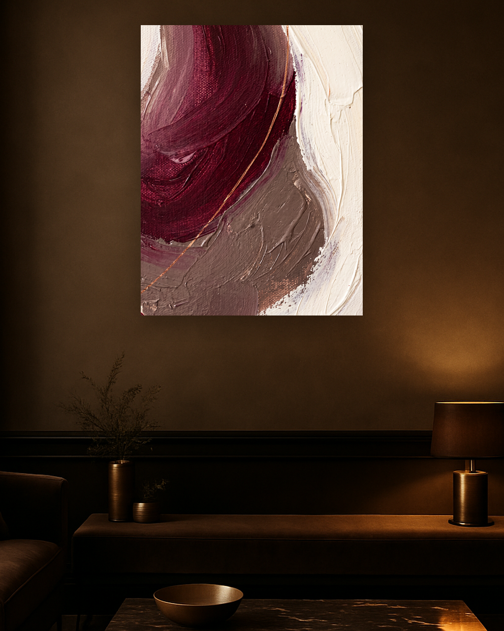 Bronze Horizon van Wandkraft op canvas zonder lijst, vlak aan de muur, in een verfijnd dark-luxury interieur.