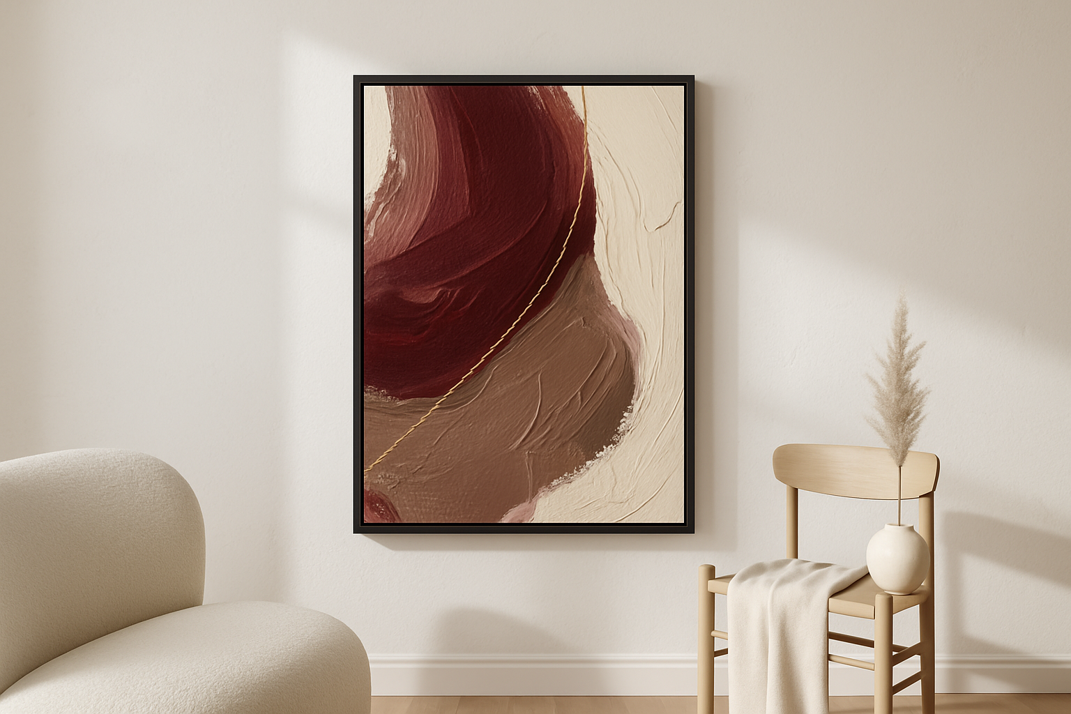 Bronze Horizon van Wandkraft op canvas in zwarte baklijst, in een licht Scandinavisch interieur.