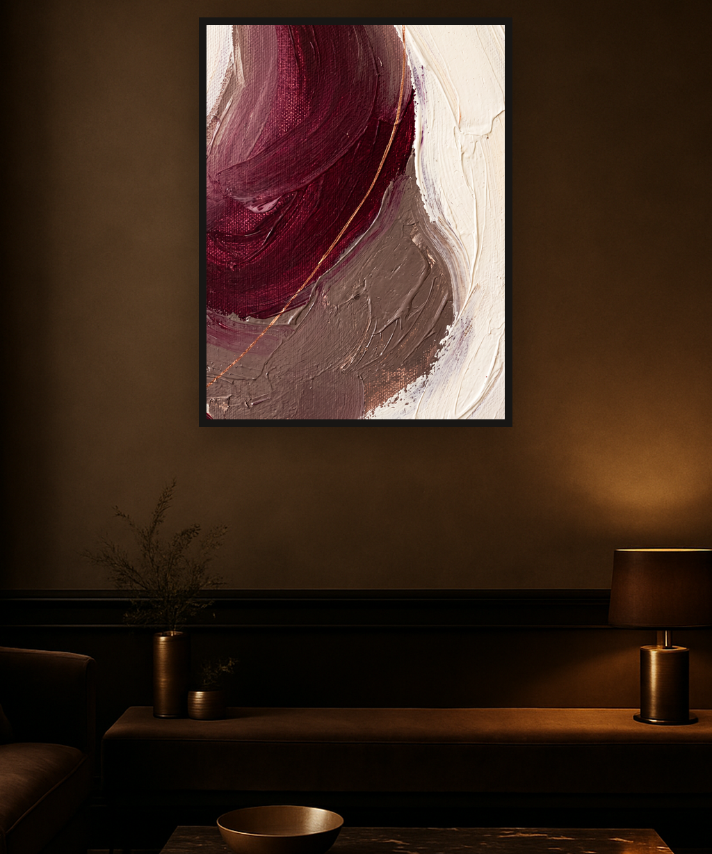 Bronze Horizon van Wandkraft op canvas in zwarte baklijst, in een verfijnd dark-luxury interieur.