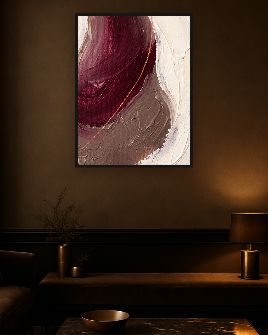 Bronze Horizon van Wandkraft op canvas in zwarte baklijst, in een verfijnd dark-luxury interieur.