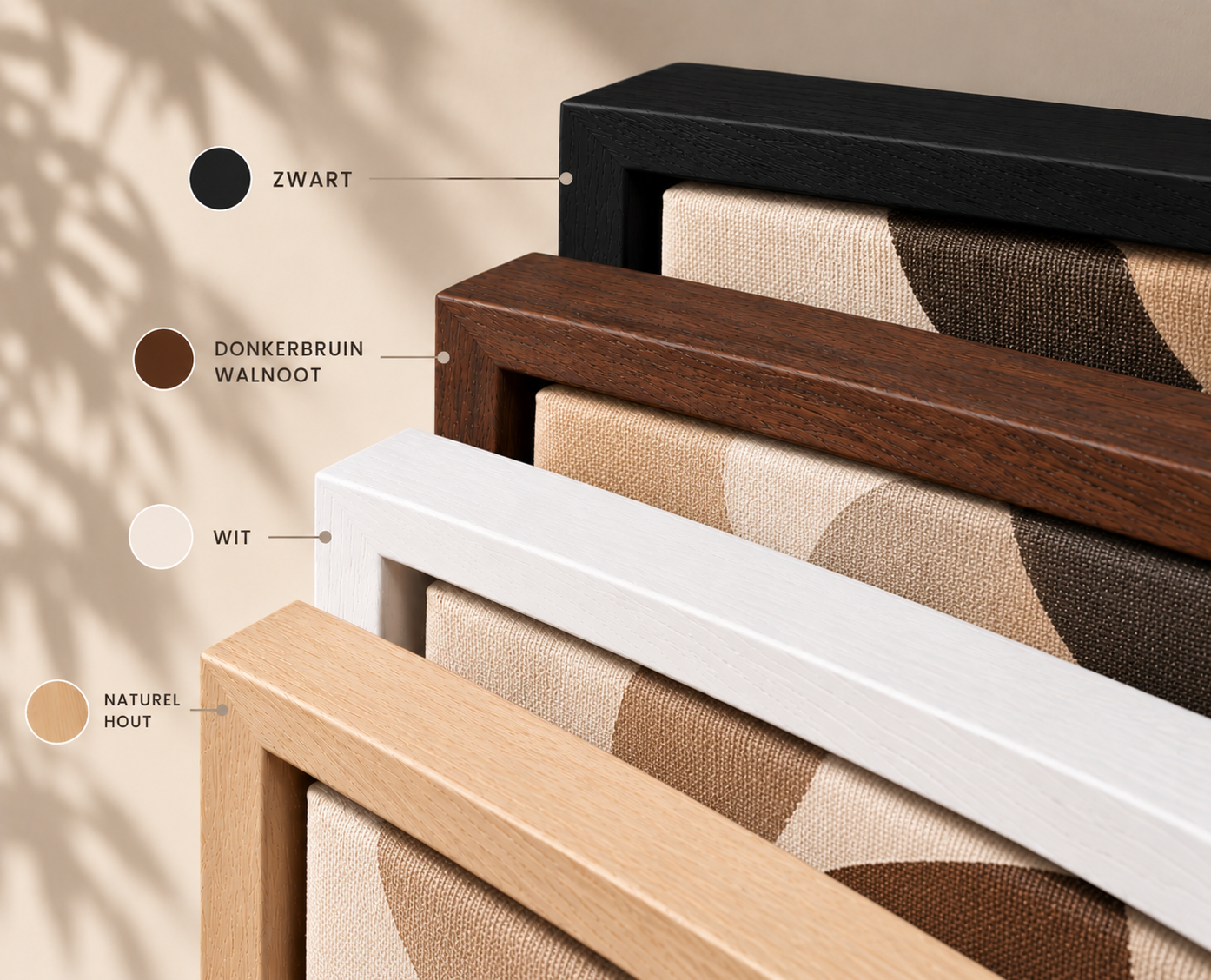 Sumac Drift — baklijsten voor canvas in zwart, donkerbruin walnoot, wit en naturel hout