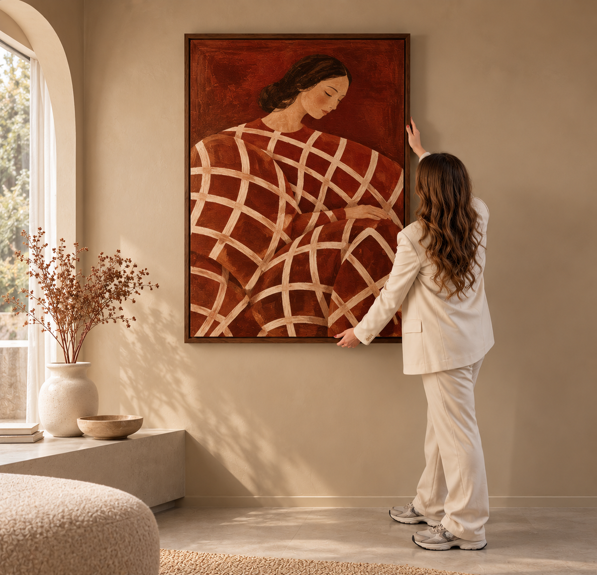 Vrouw hangt een warm abstract canvas kunstwerk op in een lichte woonkamer