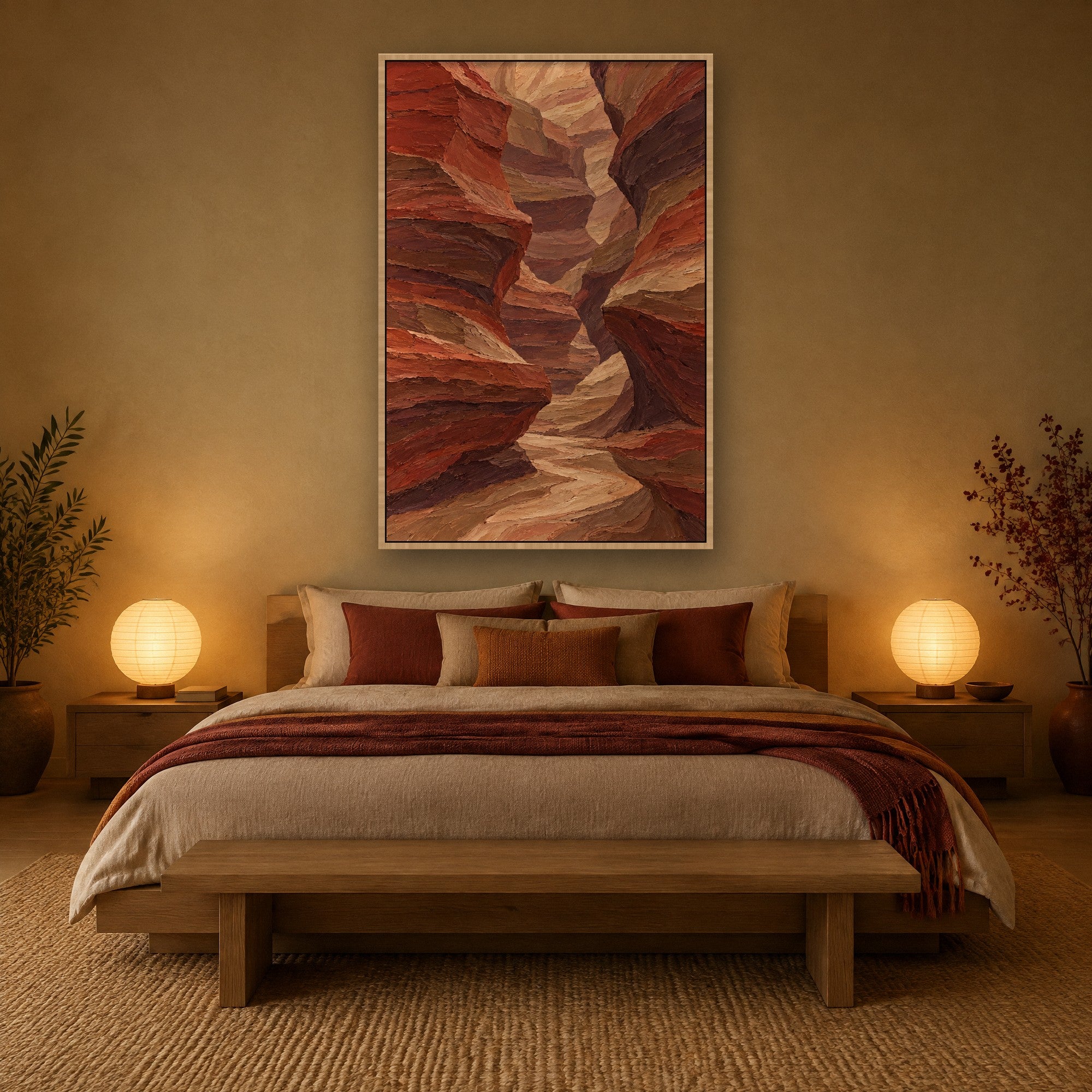 Canyon Walls en situation avec cadre caisse en bois naturel dans une chambre de style japandi