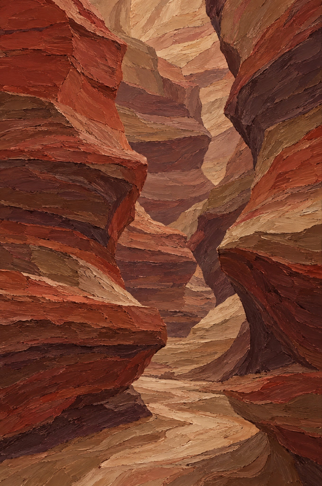 Peinture d'une gorge étroite aux parois rocheuses stratifiées rouge rouille, aubergine et sable, Wandkraft