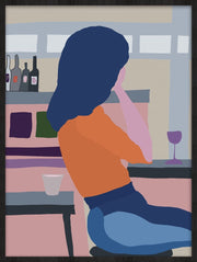 Wandkraft Wanddekoration: fröhliche Wandkunst mit einer Frau mit langem blauem Haar, orangefarbenem Top und blauer Hose im farbenfrohen Retrostil. Für ein stilvolles Interieur