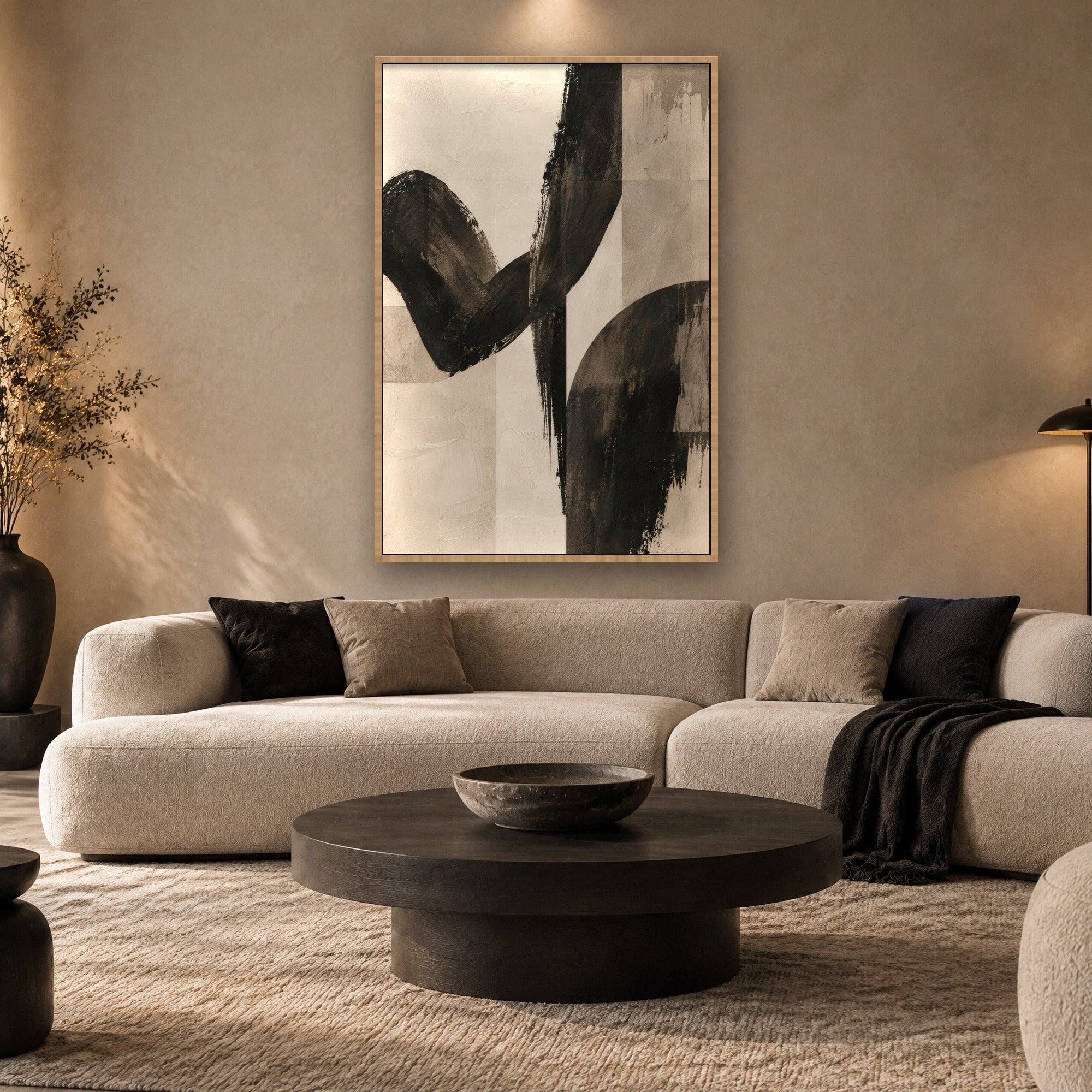 Charcoal Gesture sfeerbeeld met baklijst in naturel hout in een woonkamer
