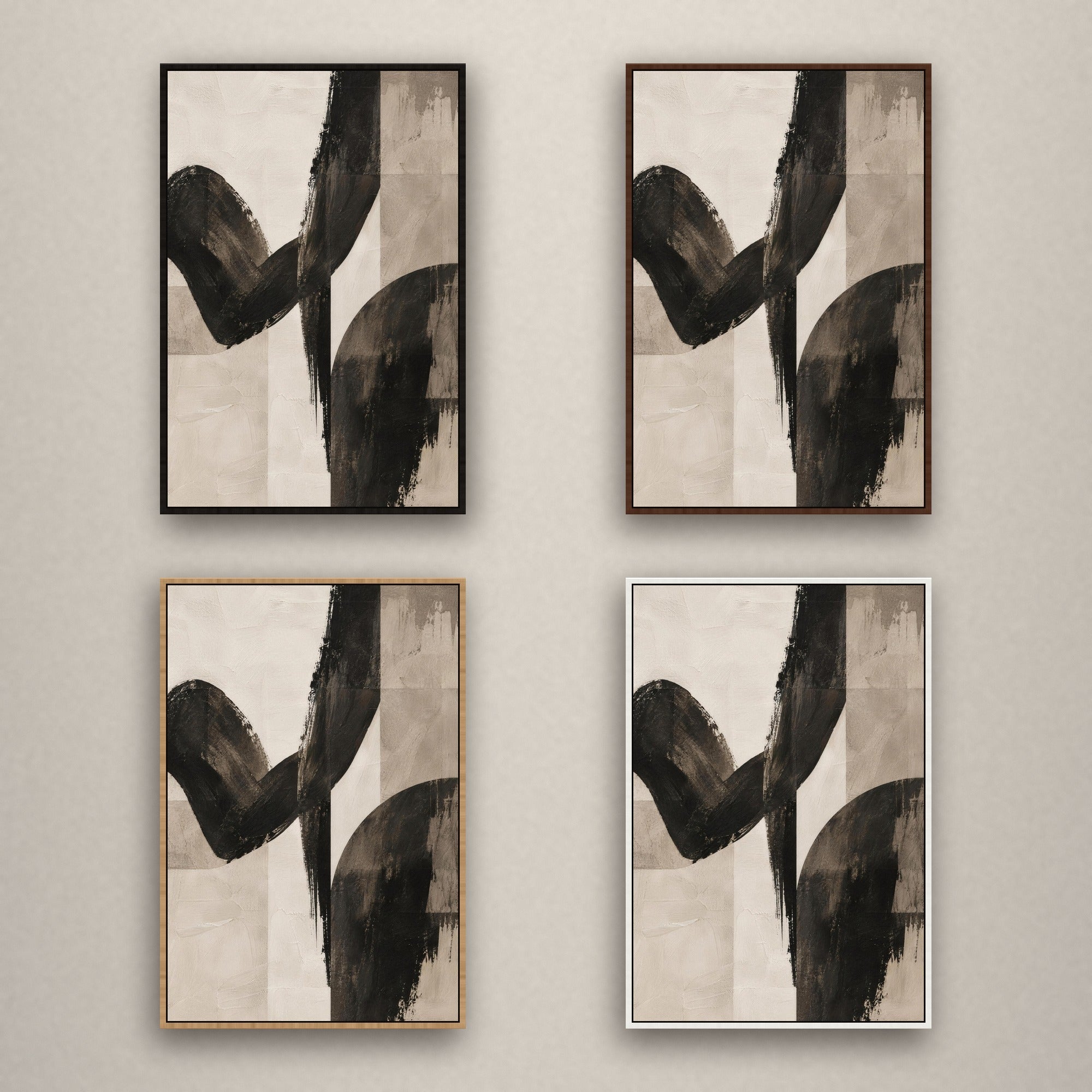 Charcoal Gesture in vier baklijsten naast elkaar: zwart, kastanje, naturel en wit