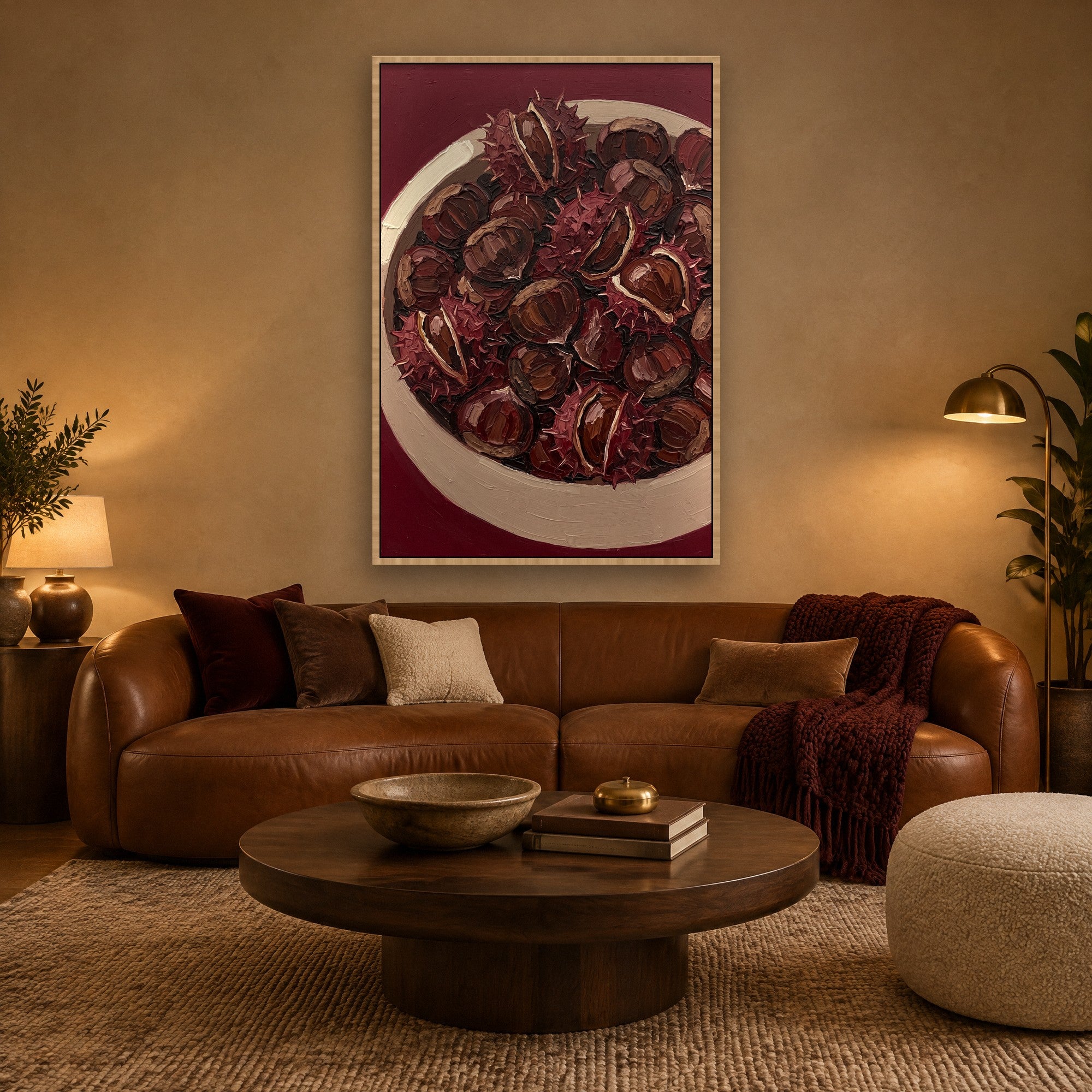 Chestnut Harvest Stimmungsbild mit Schattenfugenrahmen in Naturholz im warmen Wohnzimmer