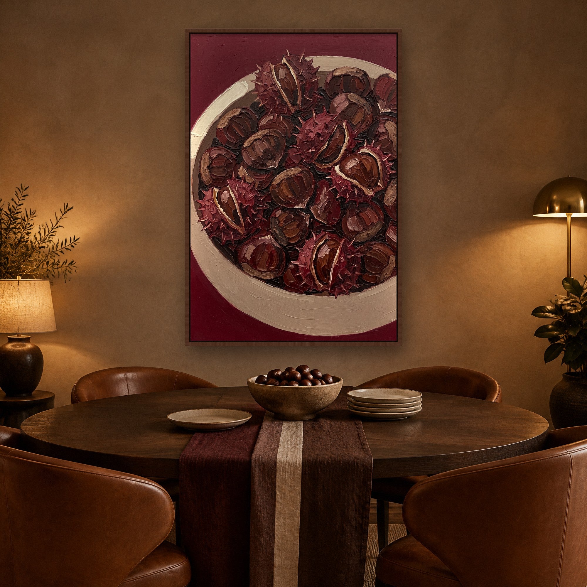 Chestnut Harvest Stimmungsbild mit kastanienbraunem Schattenfugenrahmen im warmen Esszimmer