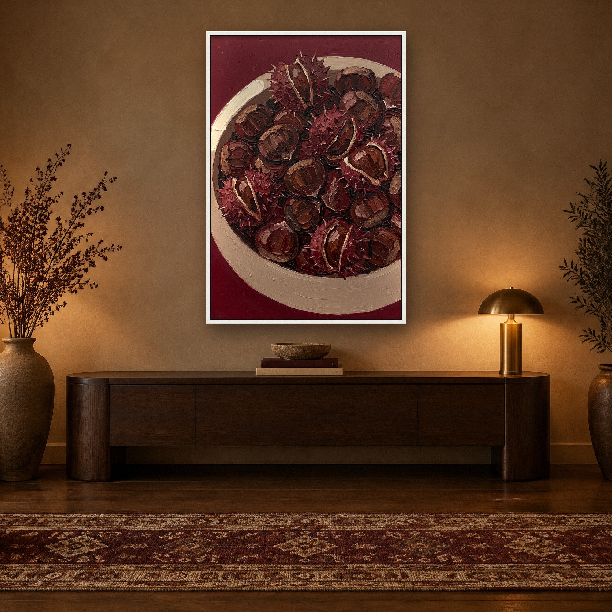 Chestnut Harvest Stimmungsbild mit weißem Schattenfugenrahmen im warmen Flur