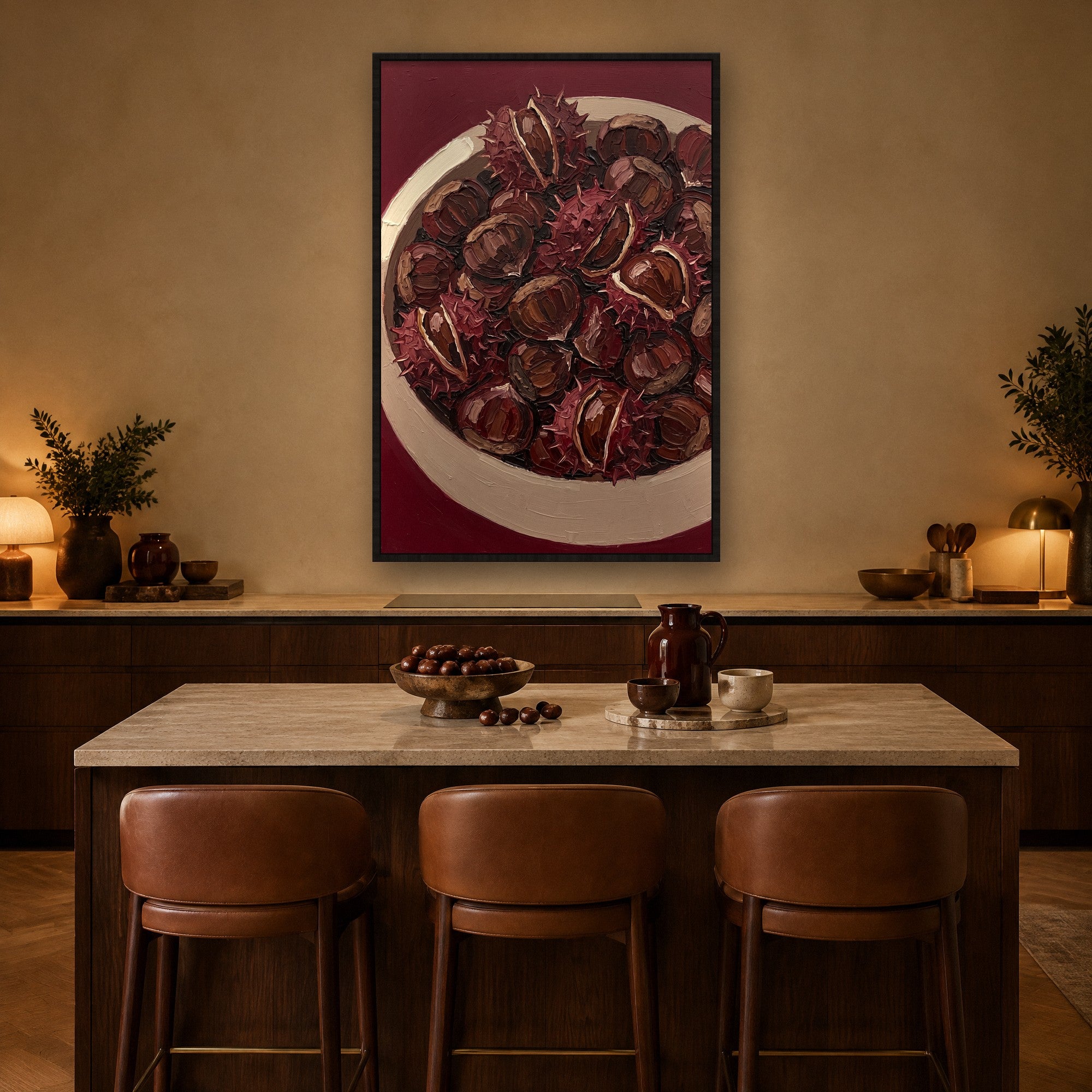 Chestnut Harvest Stimmungsbild mit schwarzem Schattenfugenrahmen in der warmen Küche