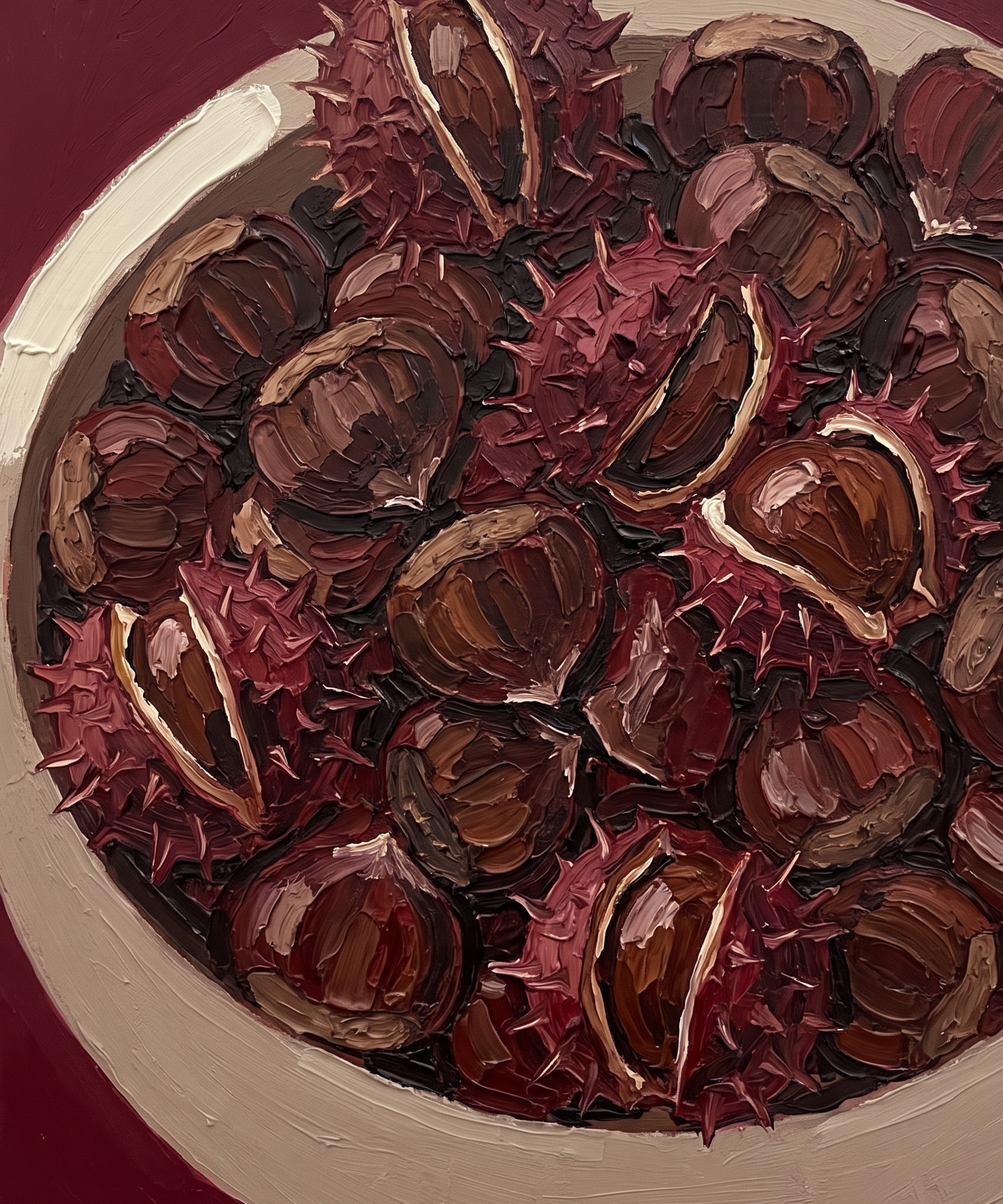 Chestnut Harvest - schaal kastanjes in wijnrood, Wandkraft