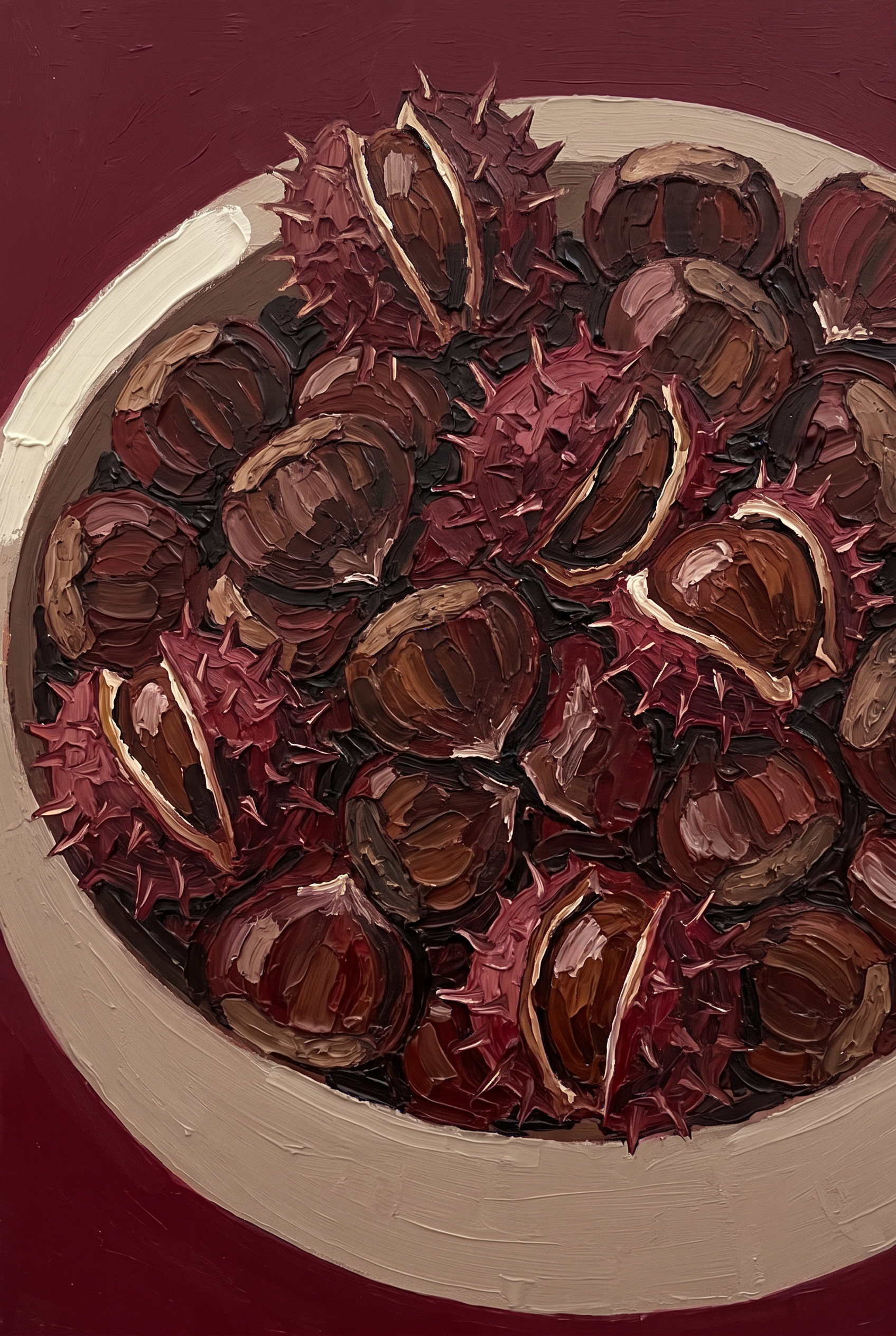 Chestnut Harvest - schaal kastanjes in wijnrood, Wandkraft