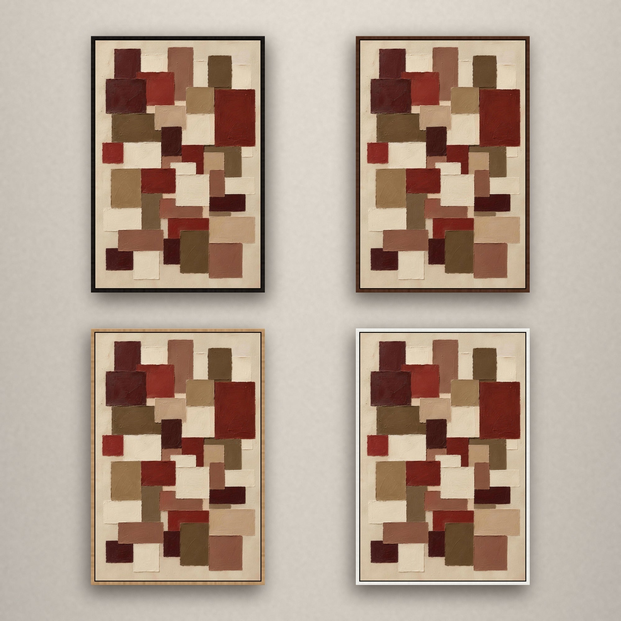Cinnamon Quilt in vier baklijsten naast elkaar: zwart, kastanje, naturel en wit