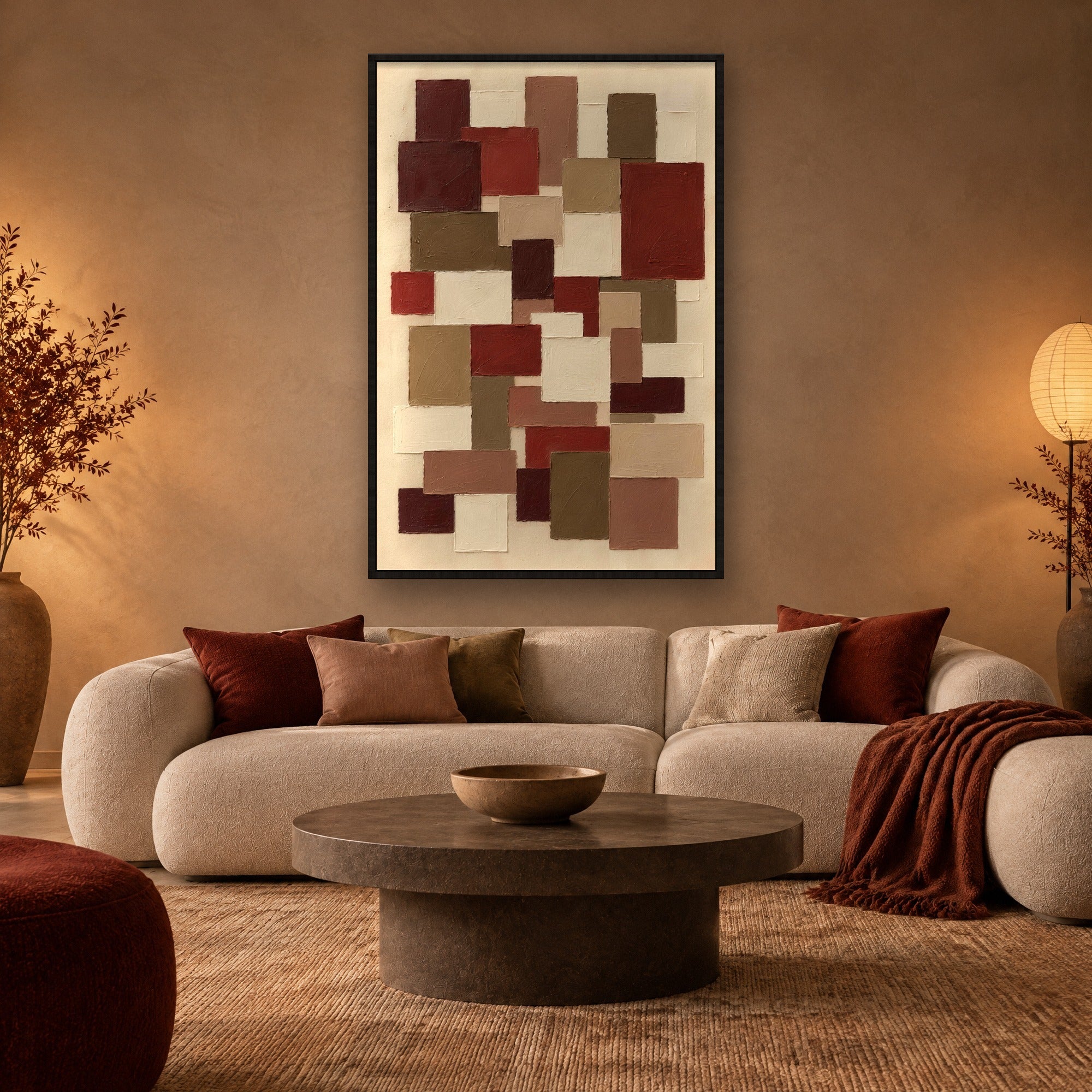 Cinnamon Quilt sfeerbeeld met zwarte baklijst in een woonkamer in japandi-stijl