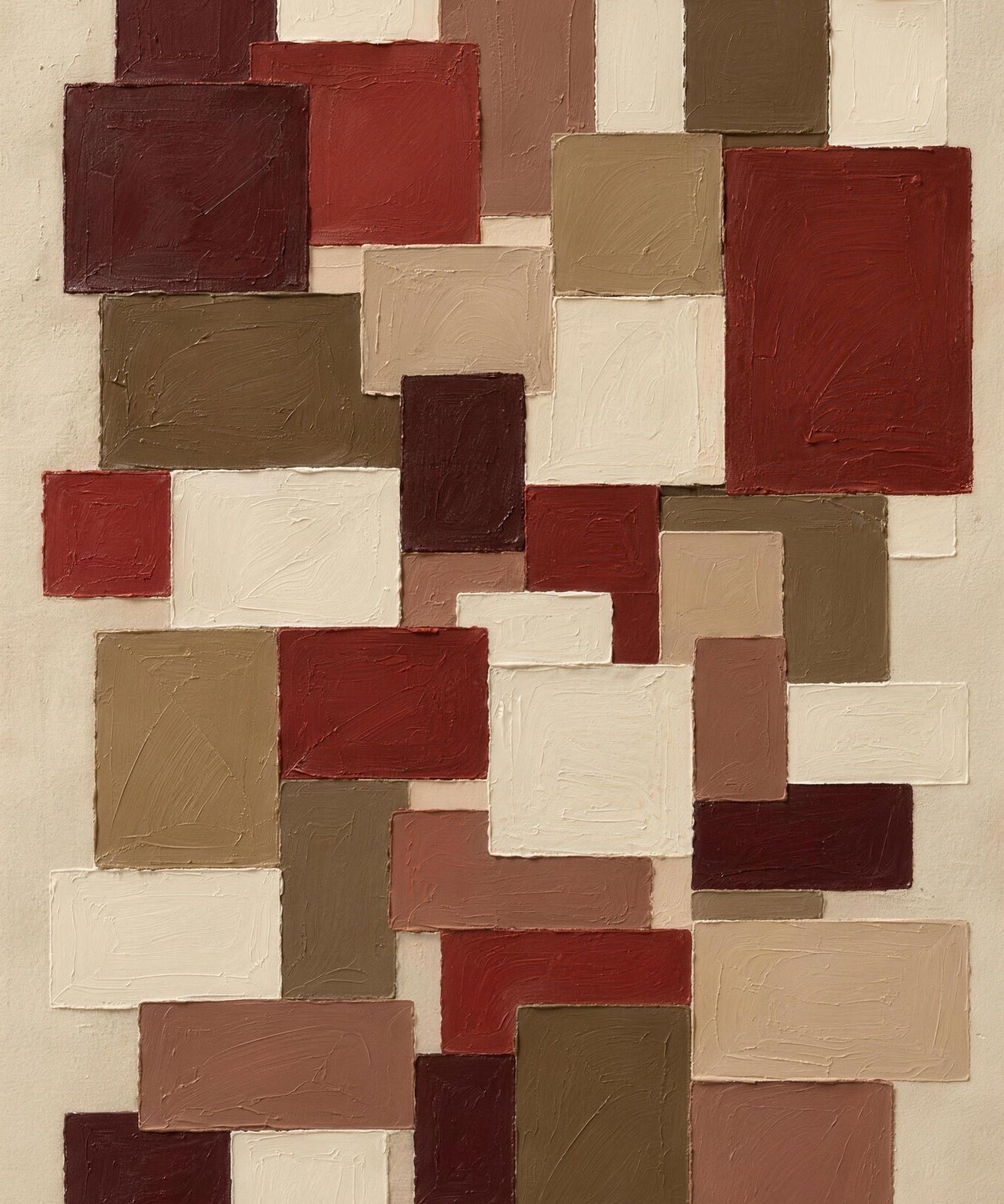 Patchwork van rechthoekige blokjes in bordeaux, oudroze, olijf, taupe en crème, Wandkraft