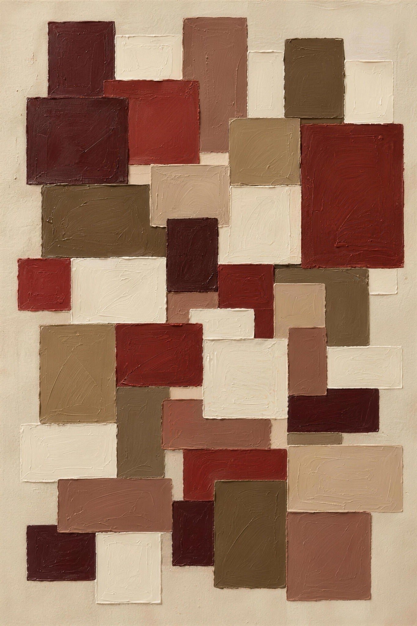 Patchwork van rechthoekige blokjes in bordeaux, oudroze, olijf, taupe en crème, Wandkraft