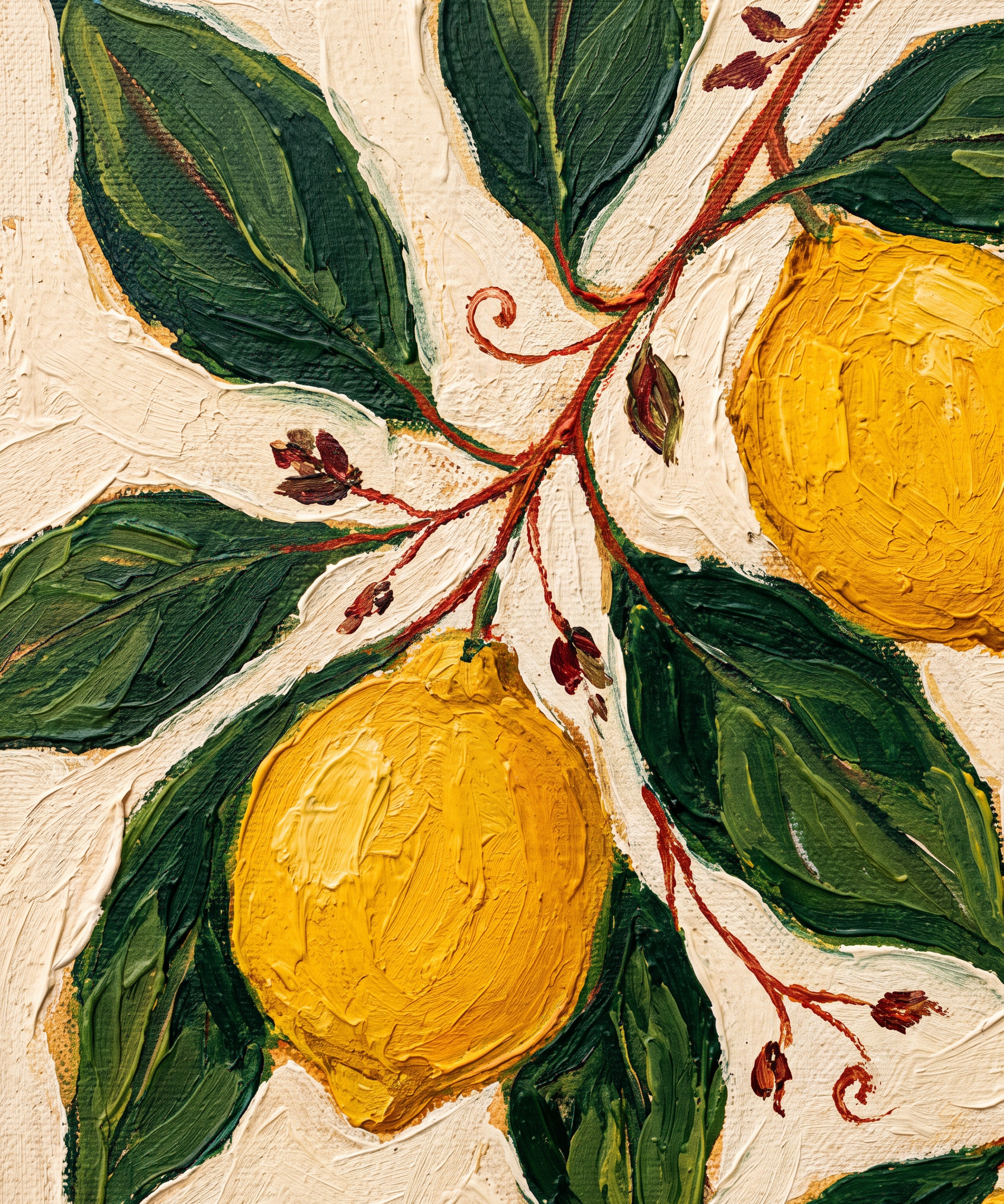 Citrus Grove wanddecoratie van Wandkraft: een stilistische botanische compositie met grote bladvormen, citrusvruchten en fijne takken, in diep botanisch groen, warm citroengeel, roomwit, gebrand terracotta.