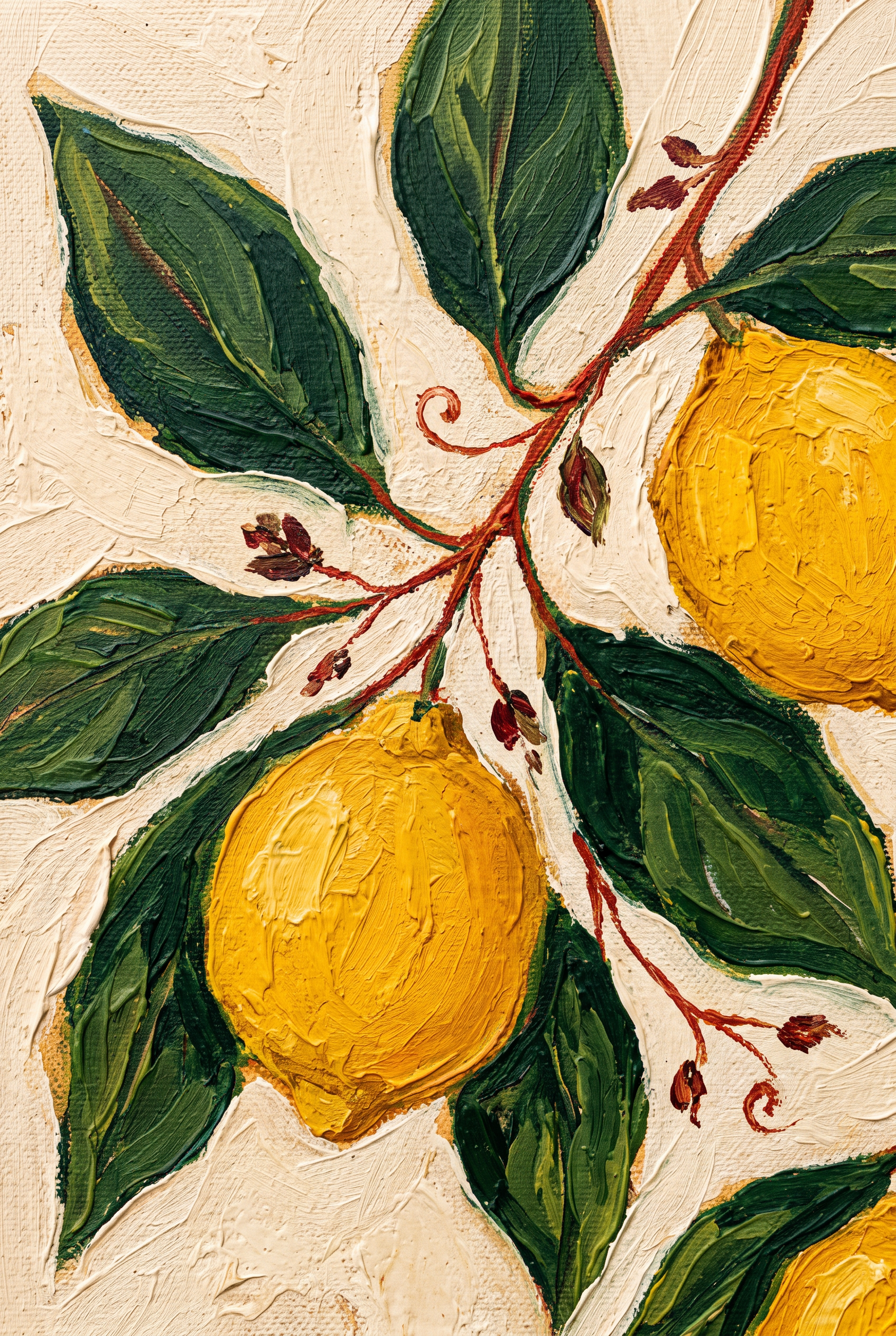 Citrus Grove wanddecoratie van Wandkraft: een stilistische botanische compositie met grote bladvormen, citrusvruchten en fijne takken, in diep botanisch groen, warm citroengeel, roomwit, gebrand terracotta.
