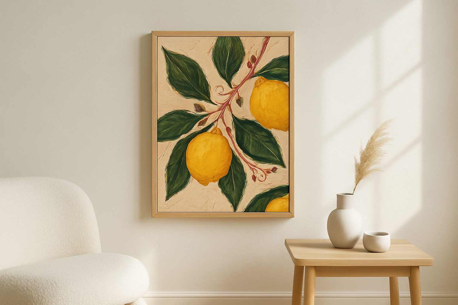 Citrus Grove van Wandkraft op akoestisch vilt in blanke baklijst, in een licht Scandinavisch interieur.