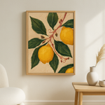 Citrus Grove van Wandkraft op akoestisch vilt in blanke baklijst, in een licht Scandinavisch interieur.