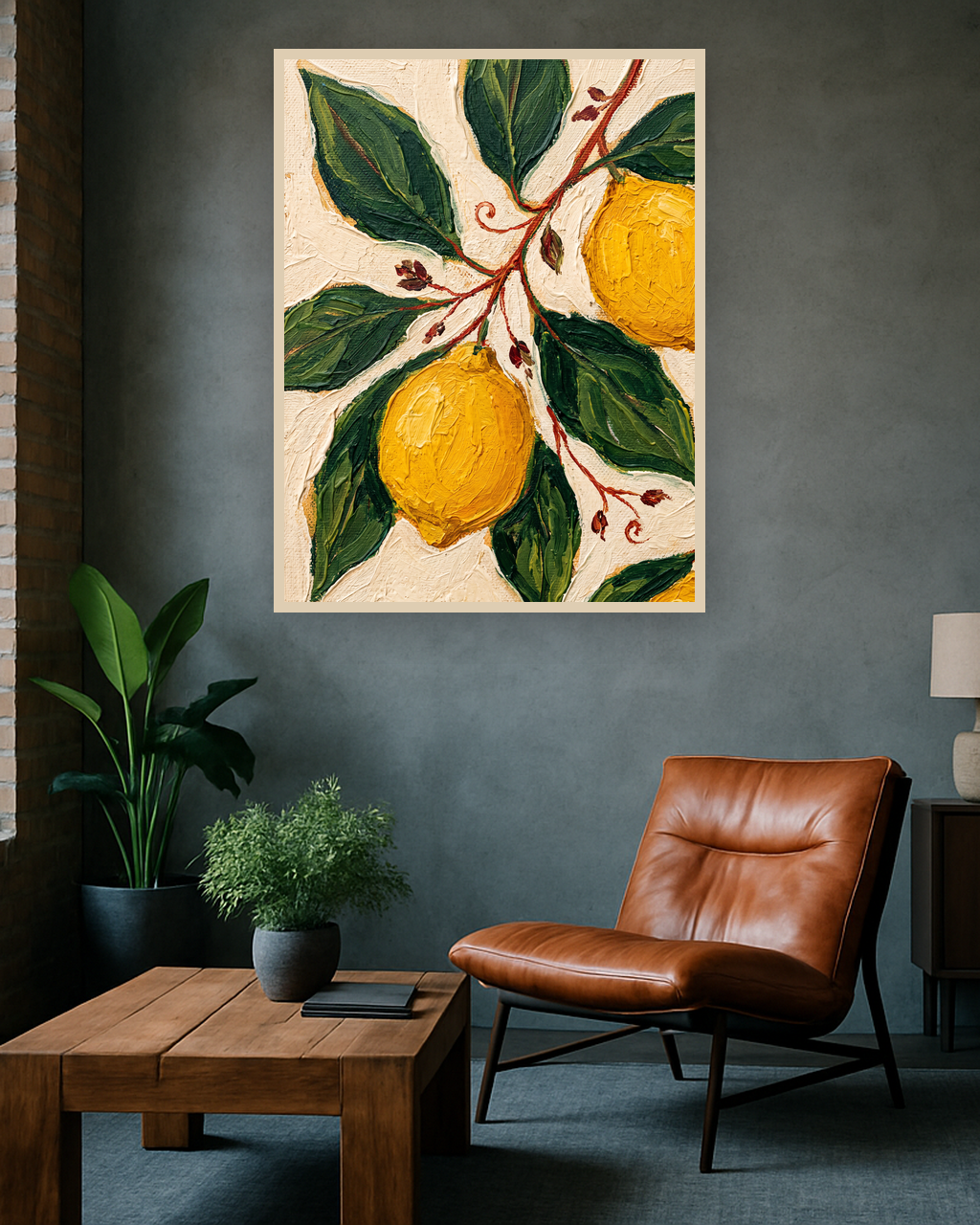 Citrus Grove van Wandkraft op akoestisch vilt in blanke baklijst, in een industrieel loft interieur.