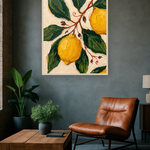 Citrus Grove van Wandkraft op akoestisch vilt in blanke baklijst, in een industrieel loft interieur.