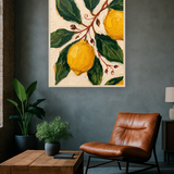 Citrus Grove van Wandkraft op akoestisch vilt in blanke baklijst, in een industrieel loft interieur.