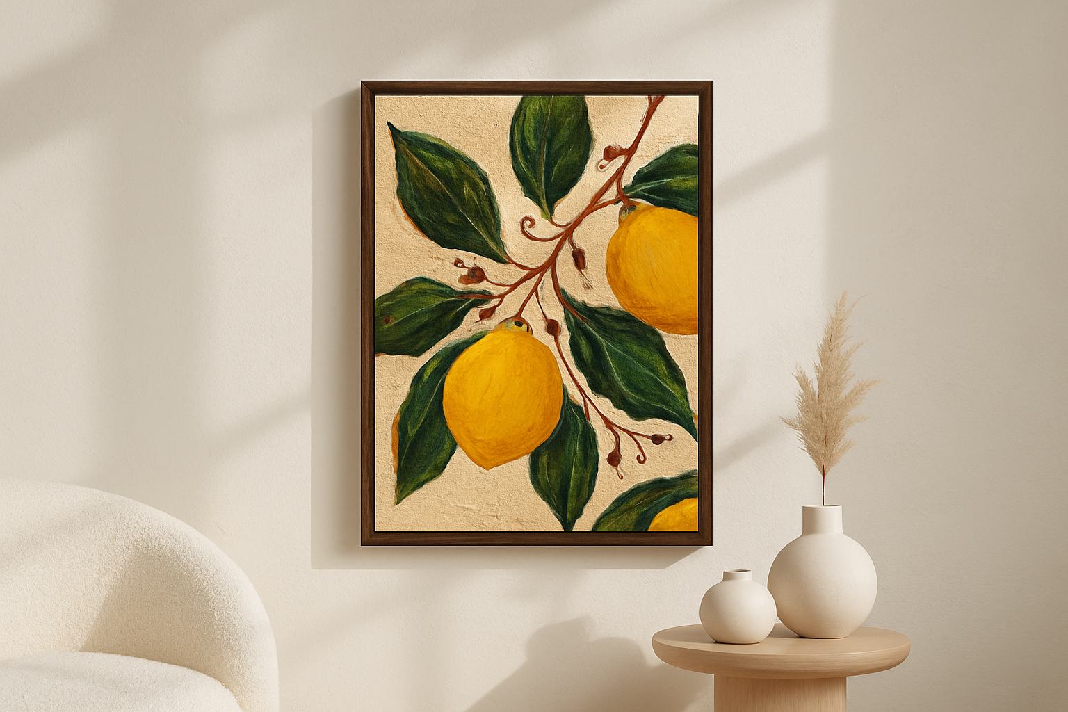 Citrus Grove van Wandkraft op akoestisch vilt in wenge baklijst, in een licht Scandinavisch interieur.