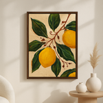 Citrus Grove van Wandkraft op akoestisch vilt in wenge baklijst, in een licht Scandinavisch interieur.