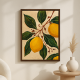 Citrus Grove van Wandkraft op akoestisch vilt in wenge baklijst, in een licht Scandinavisch interieur.