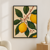 Citrus Grove van Wandkraft op akoestisch vilt in zwarte baklijst, in een licht Scandinavisch interieur.