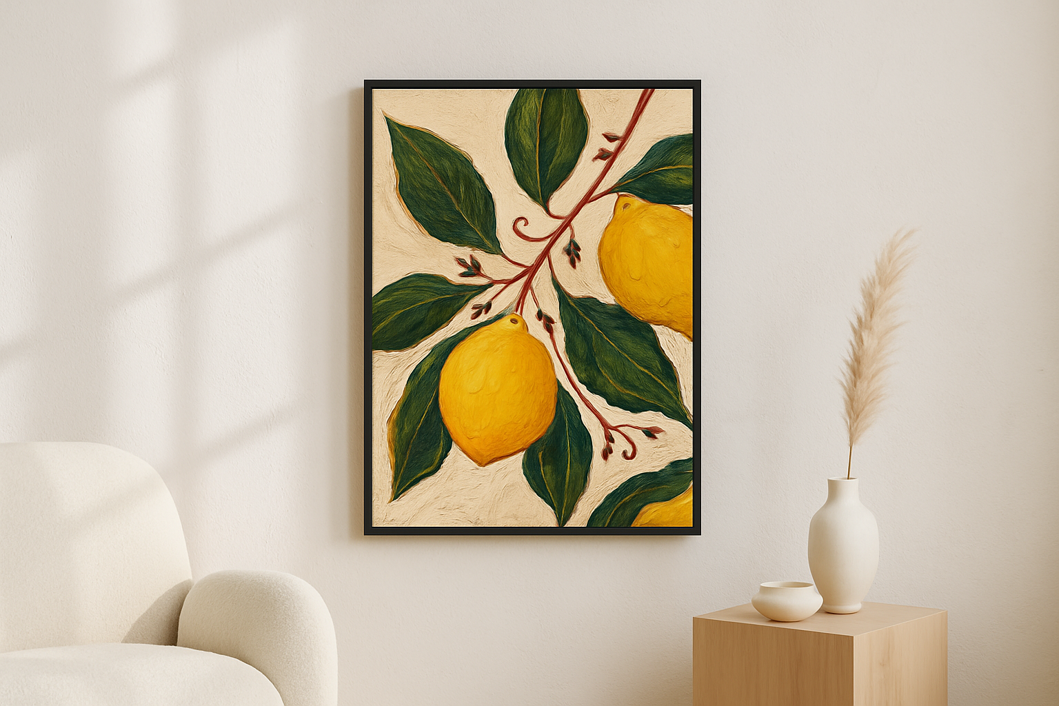 Citrus Grove van Wandkraft op akoestisch vilt in zwarte baklijst, in een licht Scandinavisch interieur.