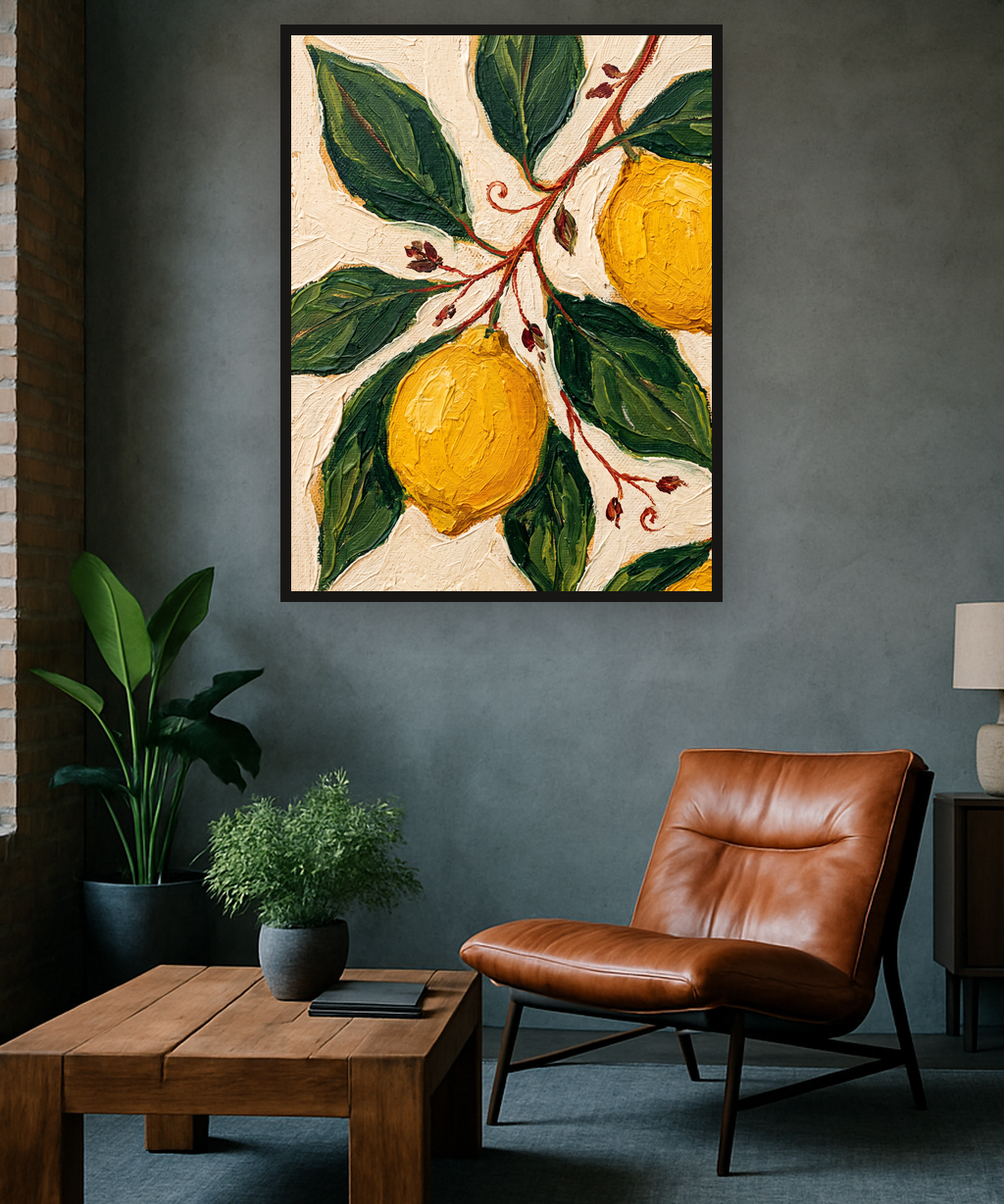 Citrus Grove van Wandkraft op akoestisch vilt in zwarte baklijst, in een industrieel loft interieur.