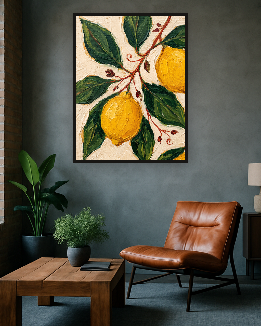 Citrus Grove van Wandkraft op akoestisch vilt in zwarte baklijst, in een industrieel loft interieur.