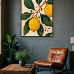 Citrus Grove van Wandkraft op akoestisch vilt in zwarte baklijst, in een industrieel loft interieur.