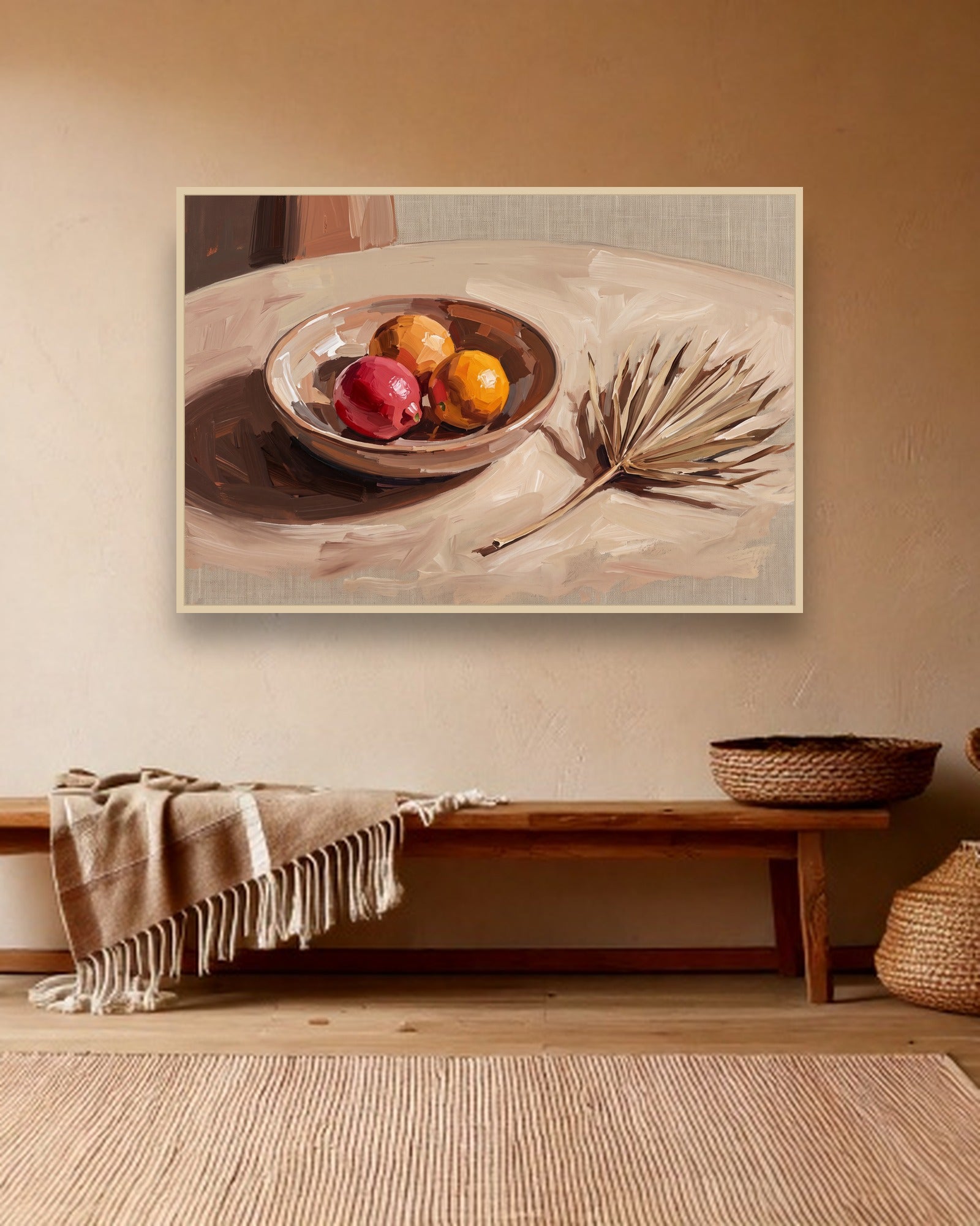 Citrus Table Stimmungsbild mit hellem Holzrahmen im Boho Interieur