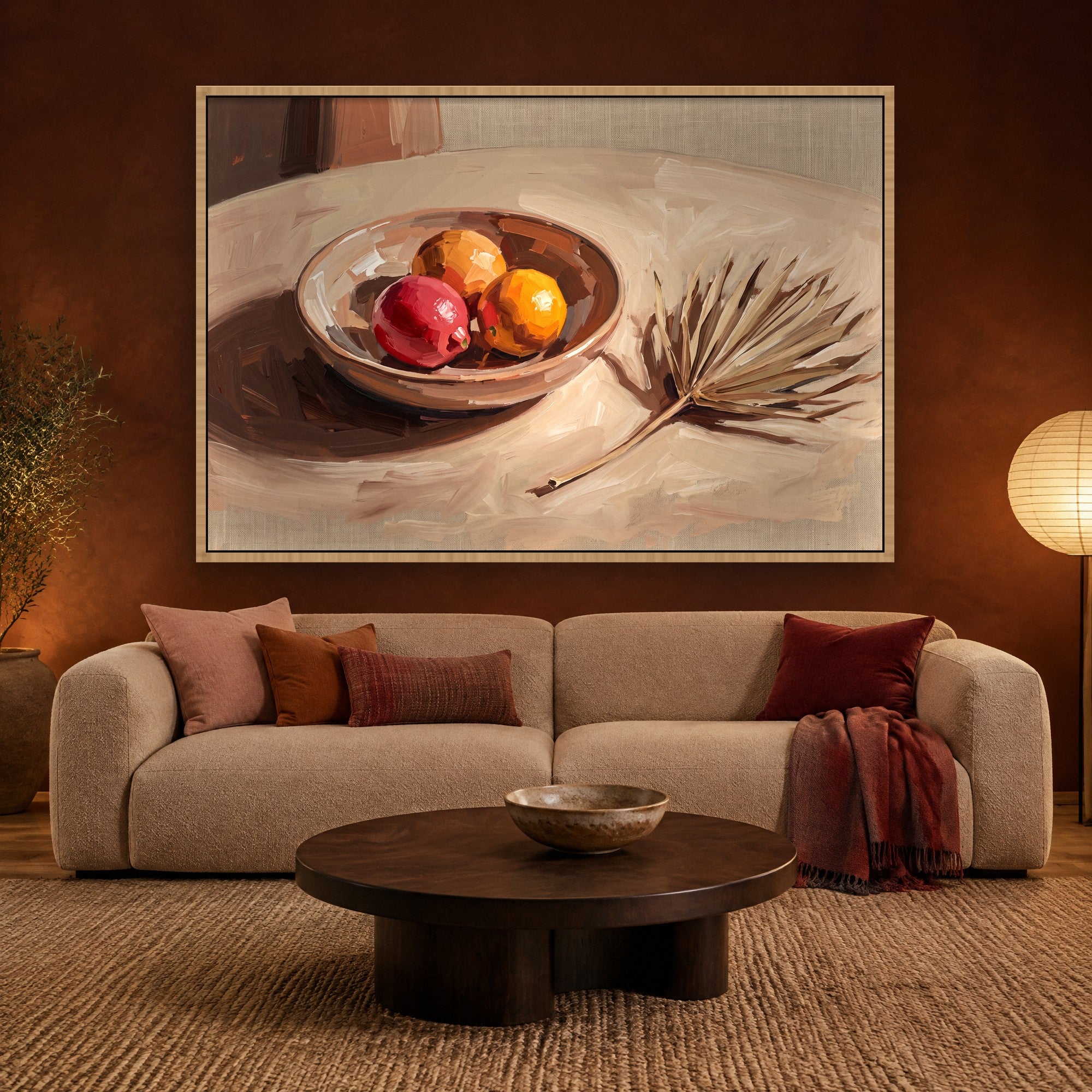 Citrus Table Stimmungsbild mit Schattenfugenrahmen in Naturholz im Japandi-Wohnzimmer