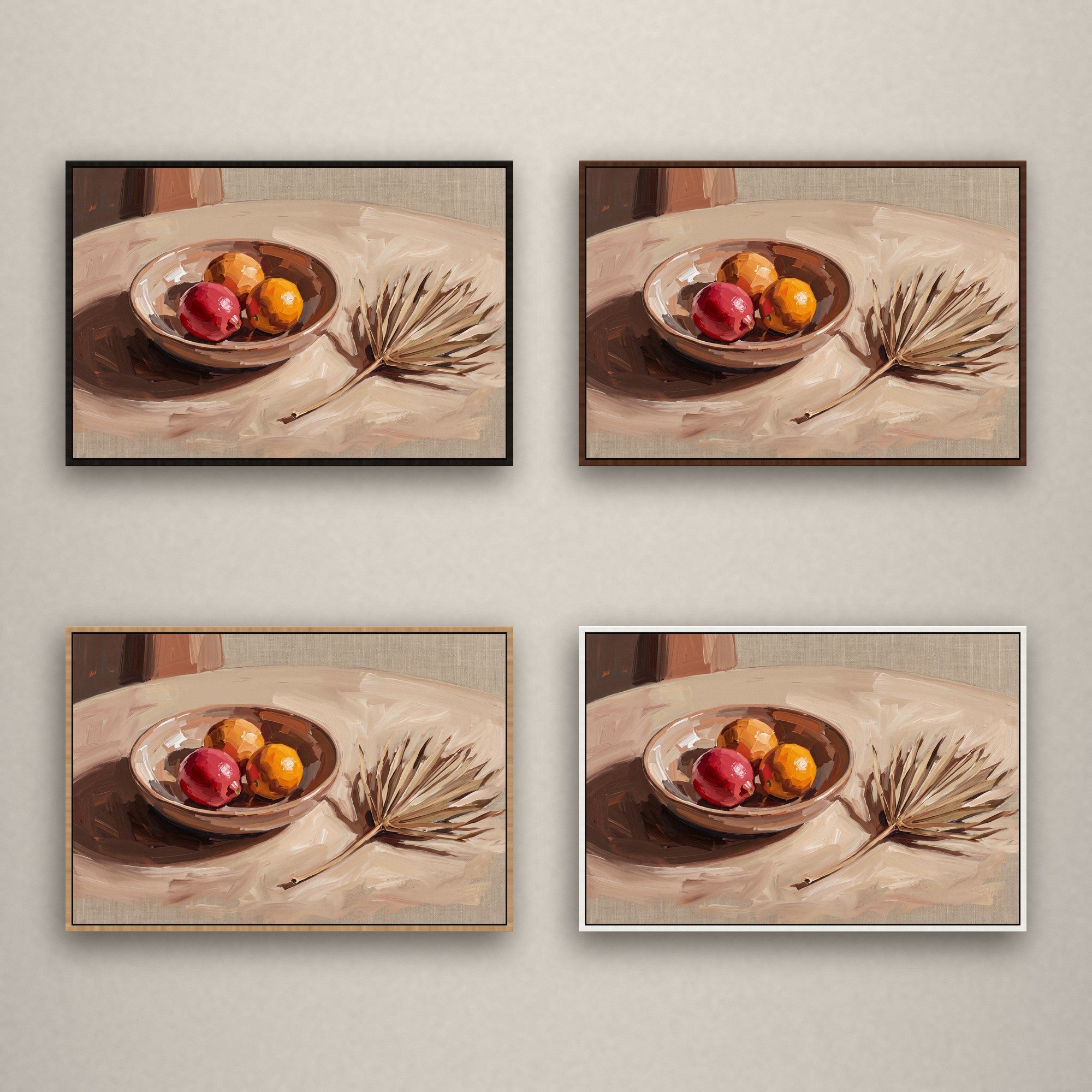 Citrus Table in vier Schattenfugenrahmen nebeneinander: Schwarz, Kastanie, Natur und Weiß