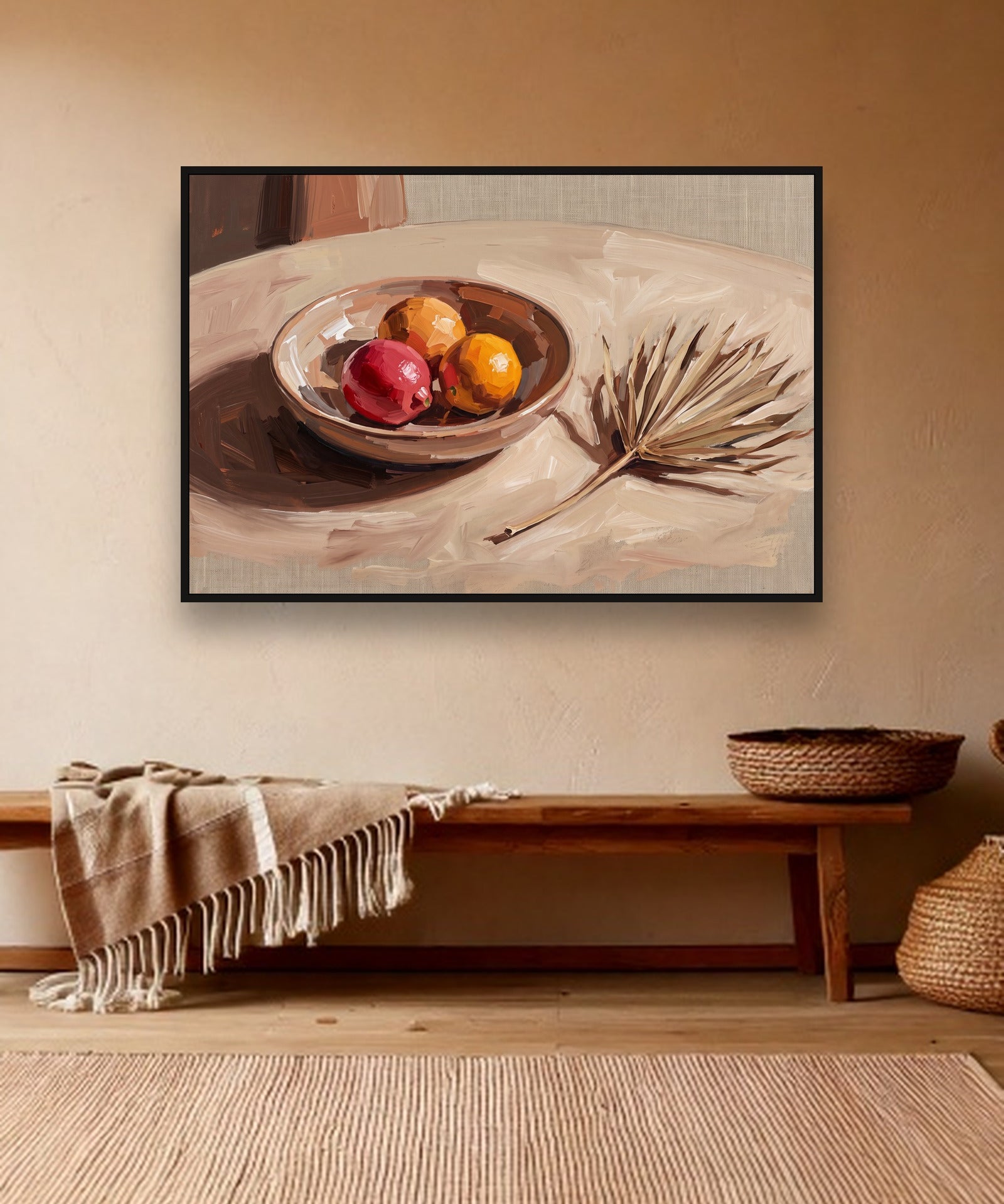 Citrus Table ambiance avec cadre caisse noir dans un intérieur bohème