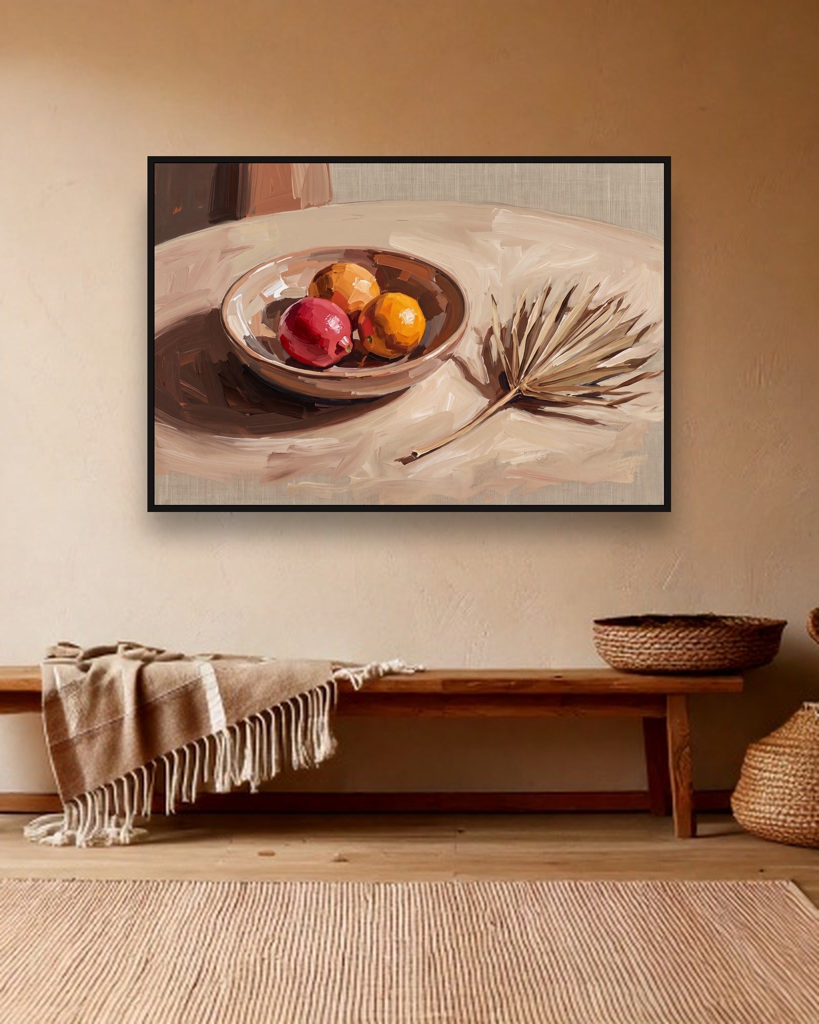 Citrus Table Stimmungsbild mit schwarzem Schattenfugenrahmen im Boho Interieur
