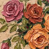 Clay Bloom wanddecoratie van Wandkraft: een weelderige bloemencompositie met volle bloemkoppen, geschilderd met royale zichtbare penseelstreken tegen een lichte, open achtergrond, in warm oudroze, gebrand terracotta, zacht abrikoos en olijfgroen blad tegen een lichte zandkleurige ondergrond.