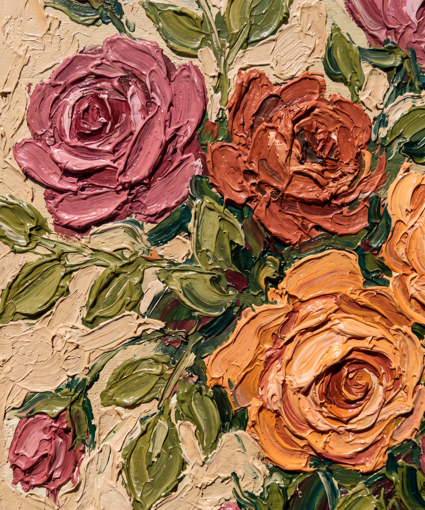Clay Bloom wanddecoratie van Wandkraft: een weelderige bloemencompositie met volle bloemkoppen, geschilderd met royale zichtbare penseelstreken tegen een lichte, open achtergrond, in warm oudroze, gebrand terracotta, zacht abrikoos en olijfgroen blad tegen een lichte zandkleurige ondergrond.