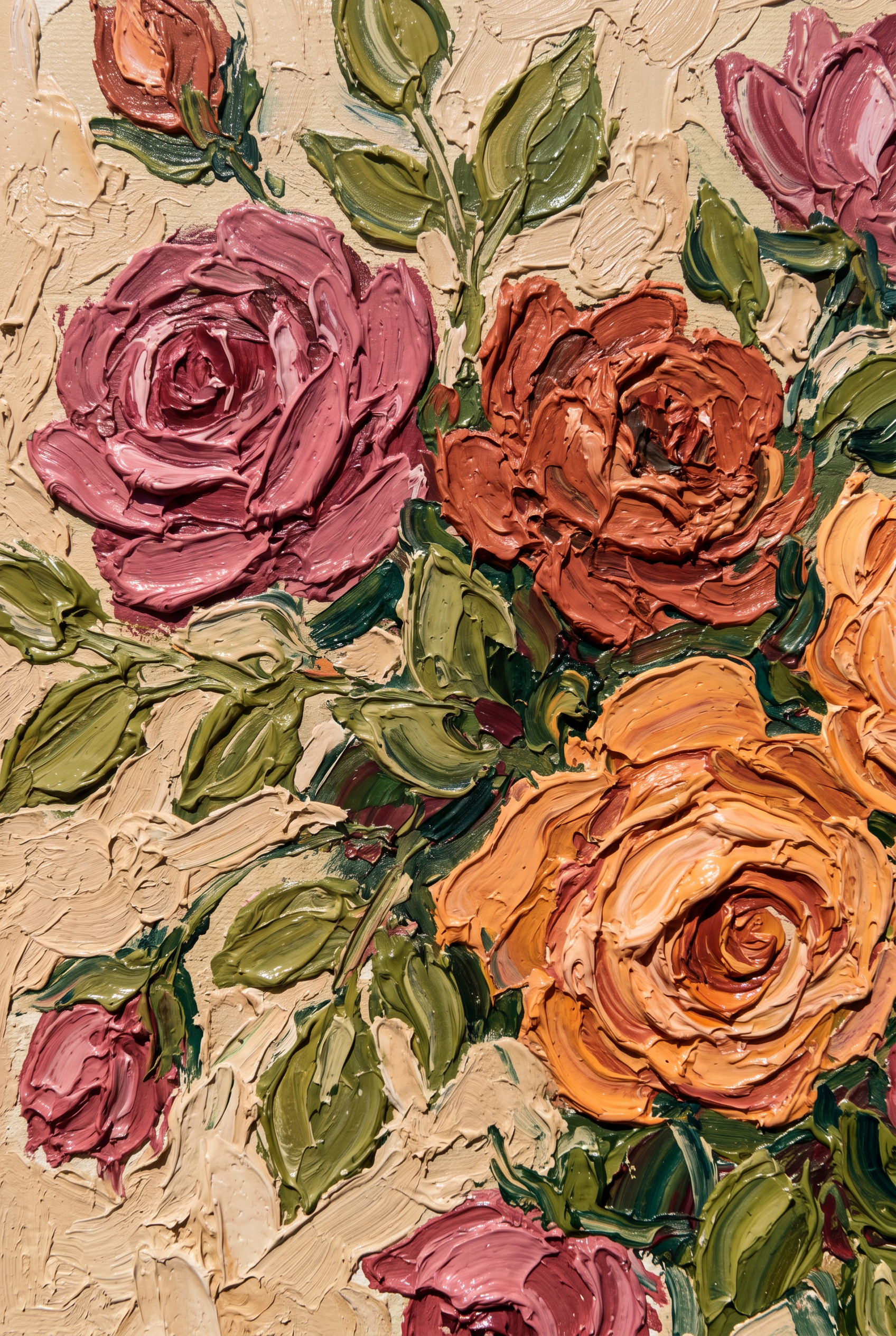 Clay Bloom wanddecoratie van Wandkraft: een weelderige bloemencompositie met volle bloemkoppen, geschilderd met royale zichtbare penseelstreken tegen een lichte, open achtergrond, in warm oudroze, gebrand terracotta, zacht abrikoos en olijfgroen blad tegen een lichte zandkleurige ondergrond.