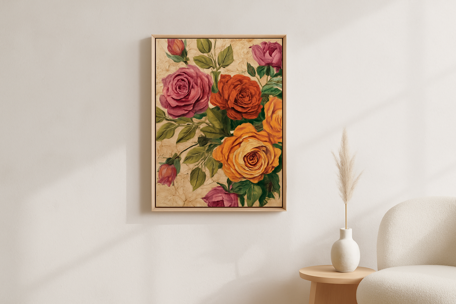 Clay Bloom van Wandkraft op canvas in blanke baklijst, in een licht Scandinavisch interieur.