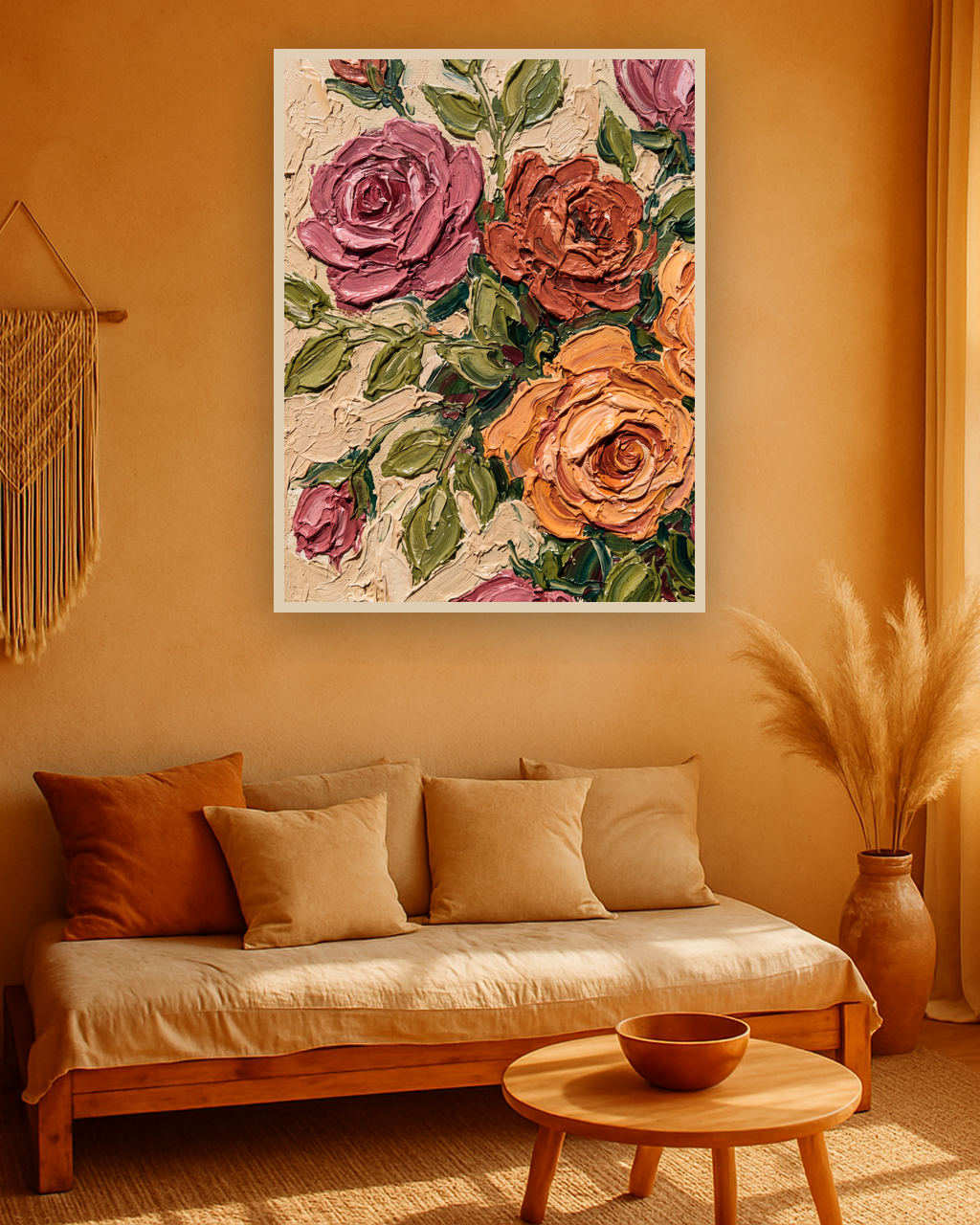 Clay Bloom van Wandkraft op canvas in blanke baklijst, in een warm bohemian interieur.
